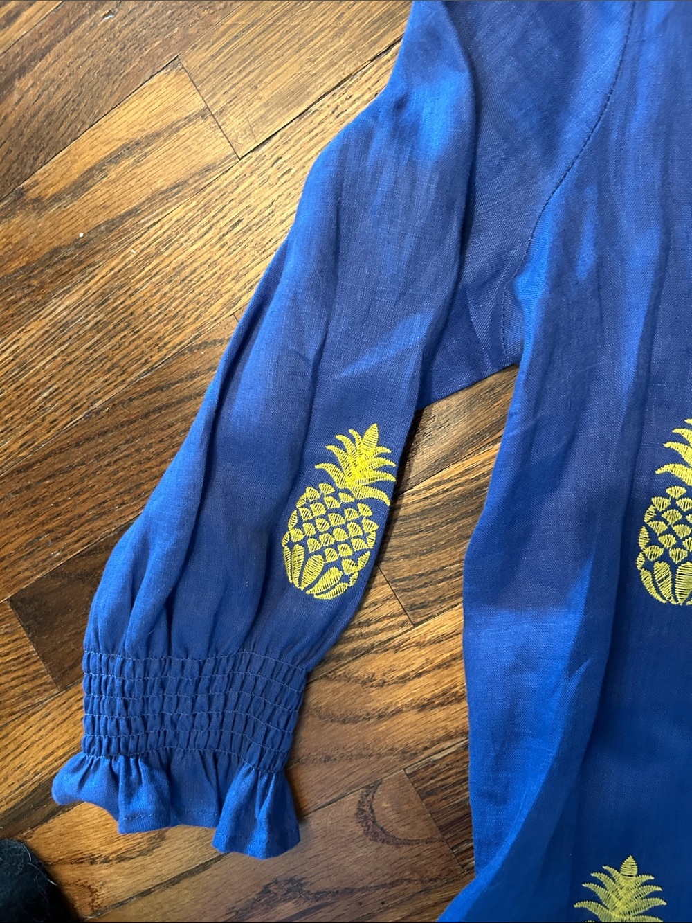 Tyler Boe 💯%Linen Blue Dress w/Yellow Pineapples embroidered everywhere.szSMALL - Picture 7 of 14